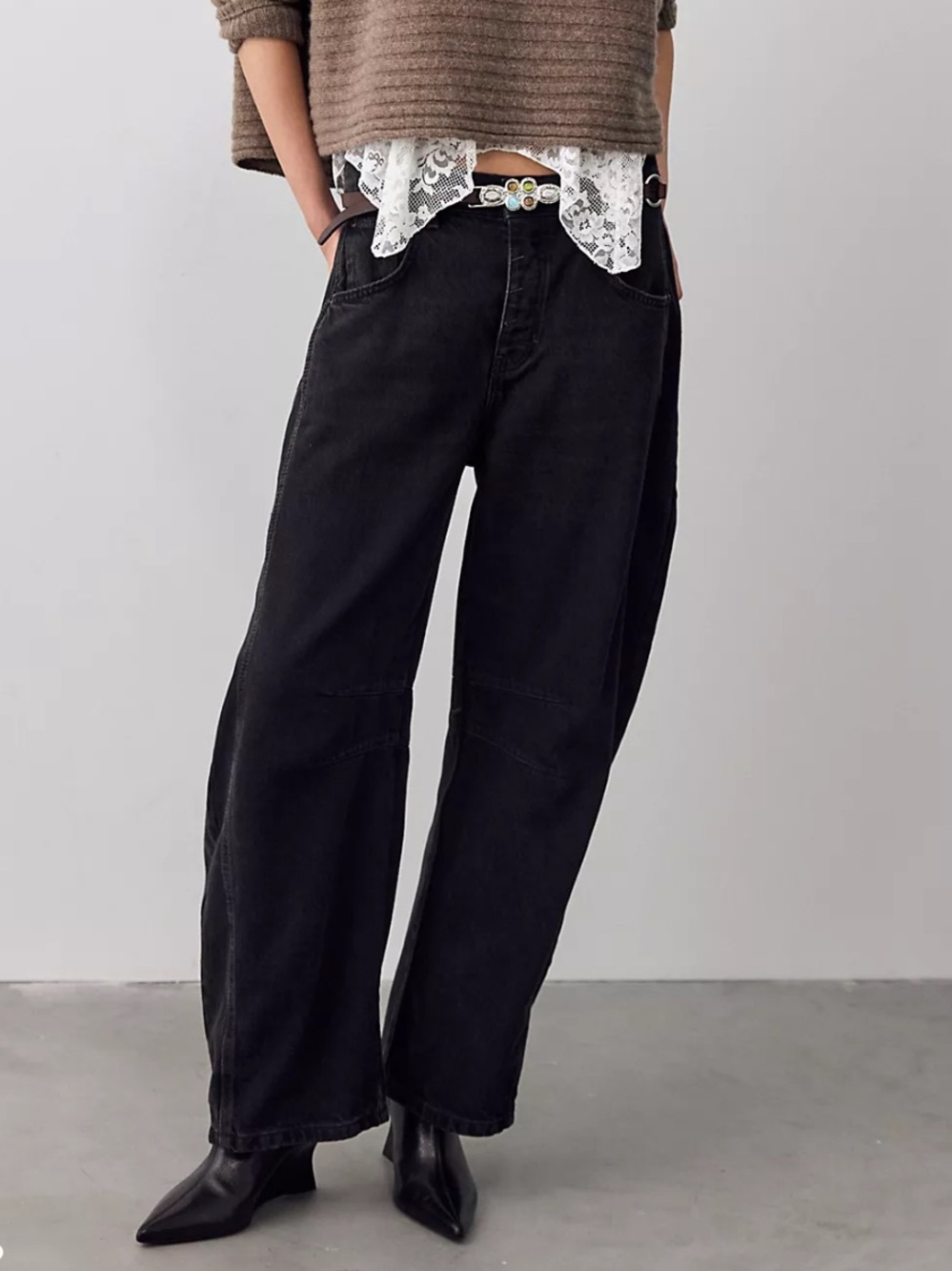We The Free X Free People Lucky You Mid Rise Barrel Jeans 27 Washed Black Rigid